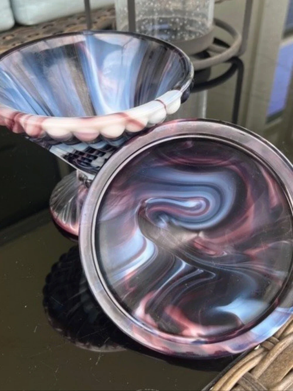 Westmoreland Swirl & Ball Purple & White Slag Glass Covered Candy Dish EUC